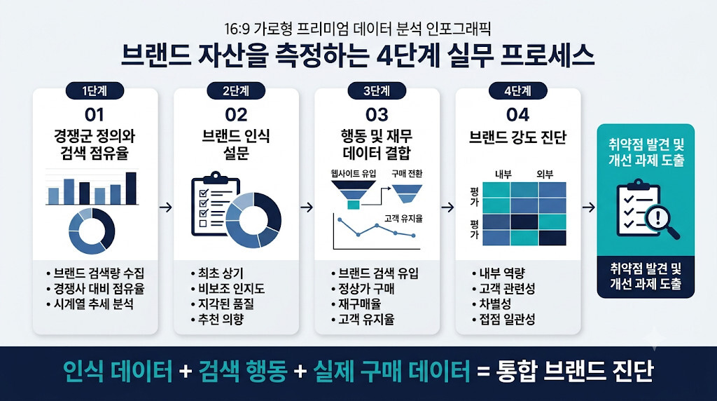 검색 점유율과 브랜드 인식 설문, 고객 행동 데이터, 브랜드 강도 평가를 결합한 브랜드 자산 측정 4단계 프로세스