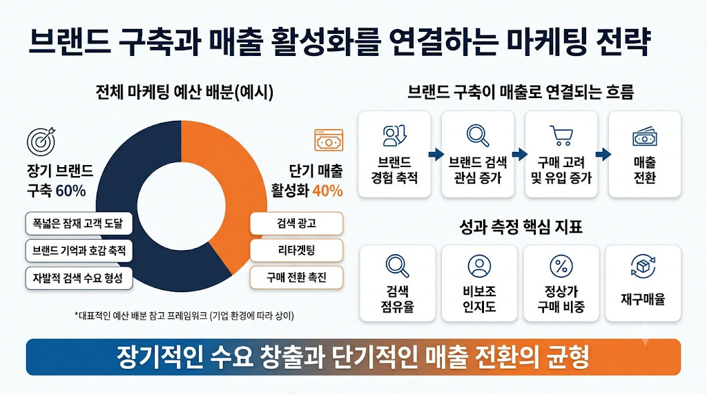 장기 브랜드 구축 60%와 단기 매출 활성화 40%를 통한 브랜드 자산 강화 및 마케팅 예산 배분 전략
