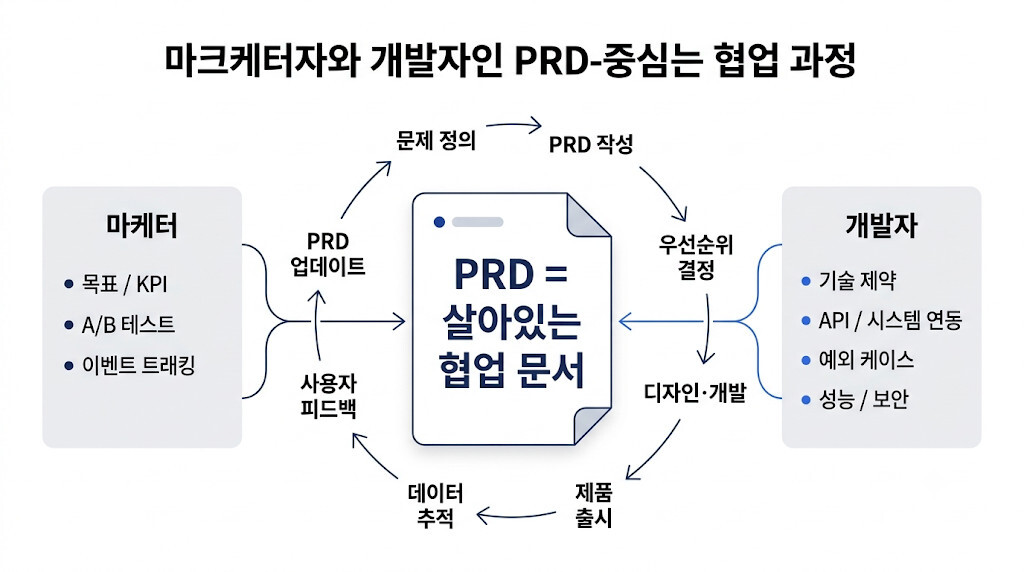 PRD를 중심으로 마케터와 개발자가 협업하고 데이터와 피드백을 반영하는 제품 개발 프로세스