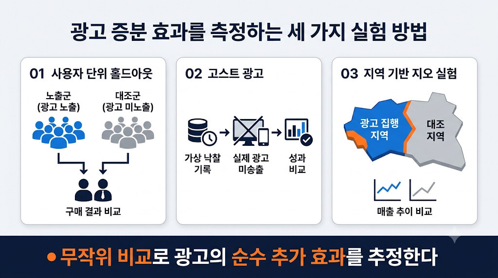사용자 단위 홀드아웃 테스트, 고스트 광고, 지역 기반 지오 실험의 광고 증분 효과 측정 방식 비교
