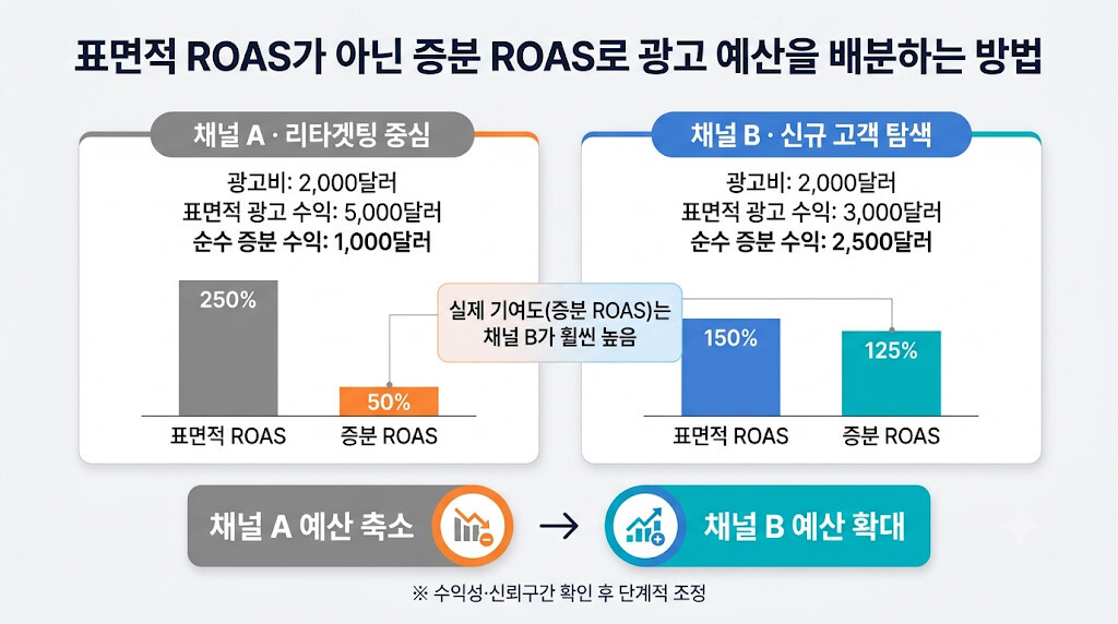 표면적 ROAS 250%인 채널 A와 증분 ROAS 125%인 채널 B를 비교해 광고 예산 재배분 방향을 설명하는 인포그래픽
