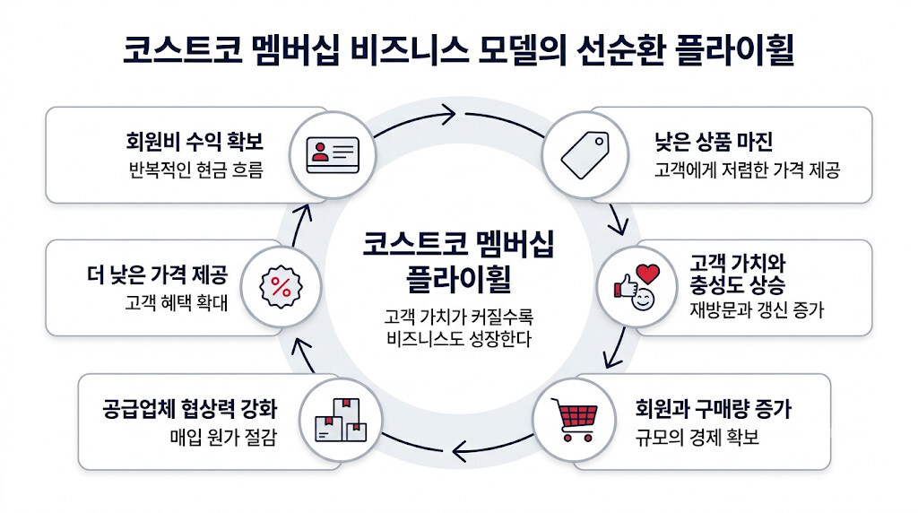 코스트코의 회원비 수익과 저가 정책 및 공급업체 협상력이 연결되는 멤버십 플라이휠