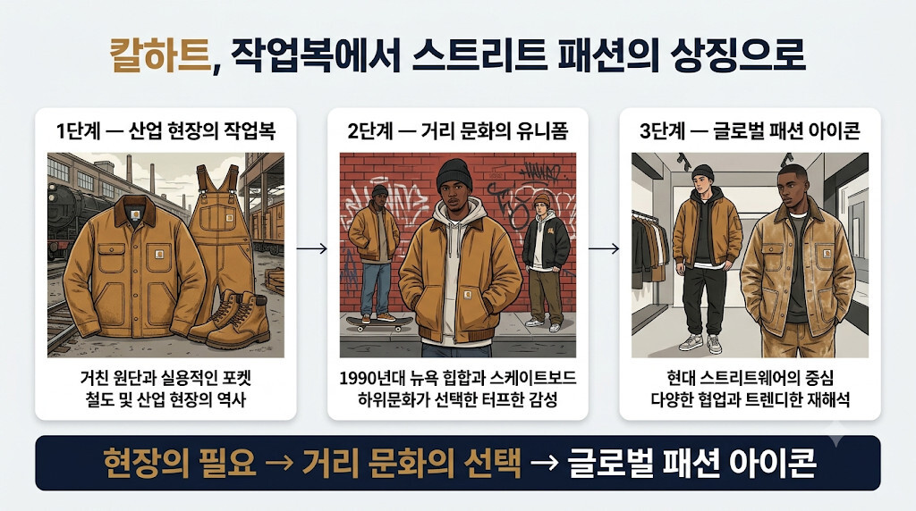칼하트 작업복이 힙합과 스케이트보드 문화를 거쳐 스트리트 패션의 상징으로 발전한 과정
