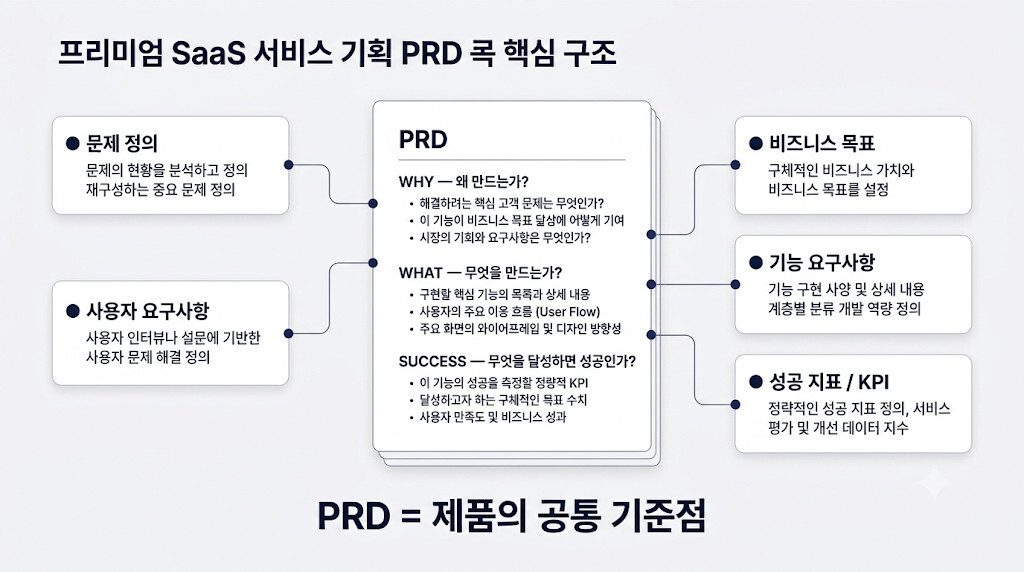 PRD 제품 요구사항 정의서의 핵심 구조와 문제 정의 비즈니스 목표 기능 요구사항 성공 지표
